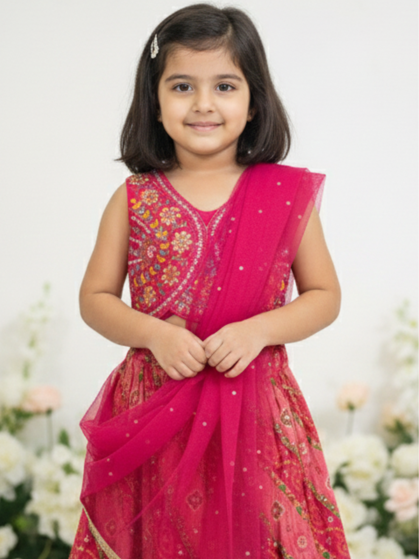 Girls' Fuchsia Pink Embroidered Kurti (Long Choli), Sharara & Dupatta Set