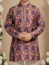 Boys' Mauve & Blue Figurative Print Kurta with Cream Pyjama Set.