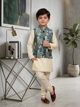 Kids Cream Kurta with Printed Green Nehru Jacket