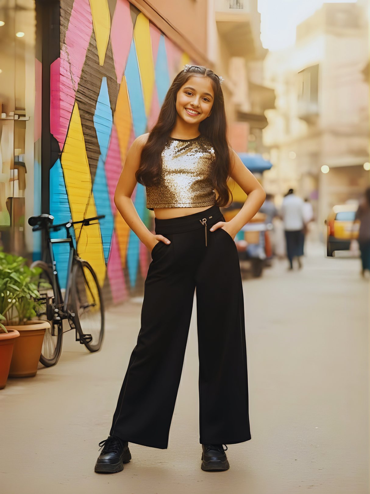 Girls' Trendy Black Wide-Leg Comfort Track Pants