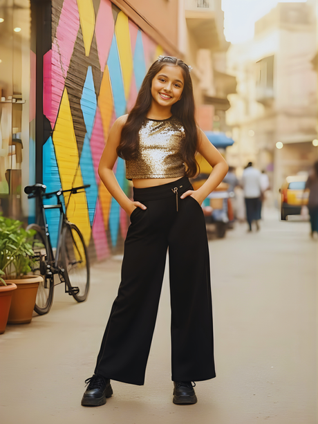 Girls' Trendy Black Wide-Leg Comfort Track Pants