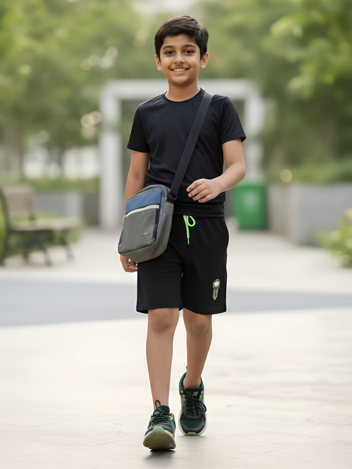 Boys' Tech-Stretch Active Shorts in Black with Neon Accents