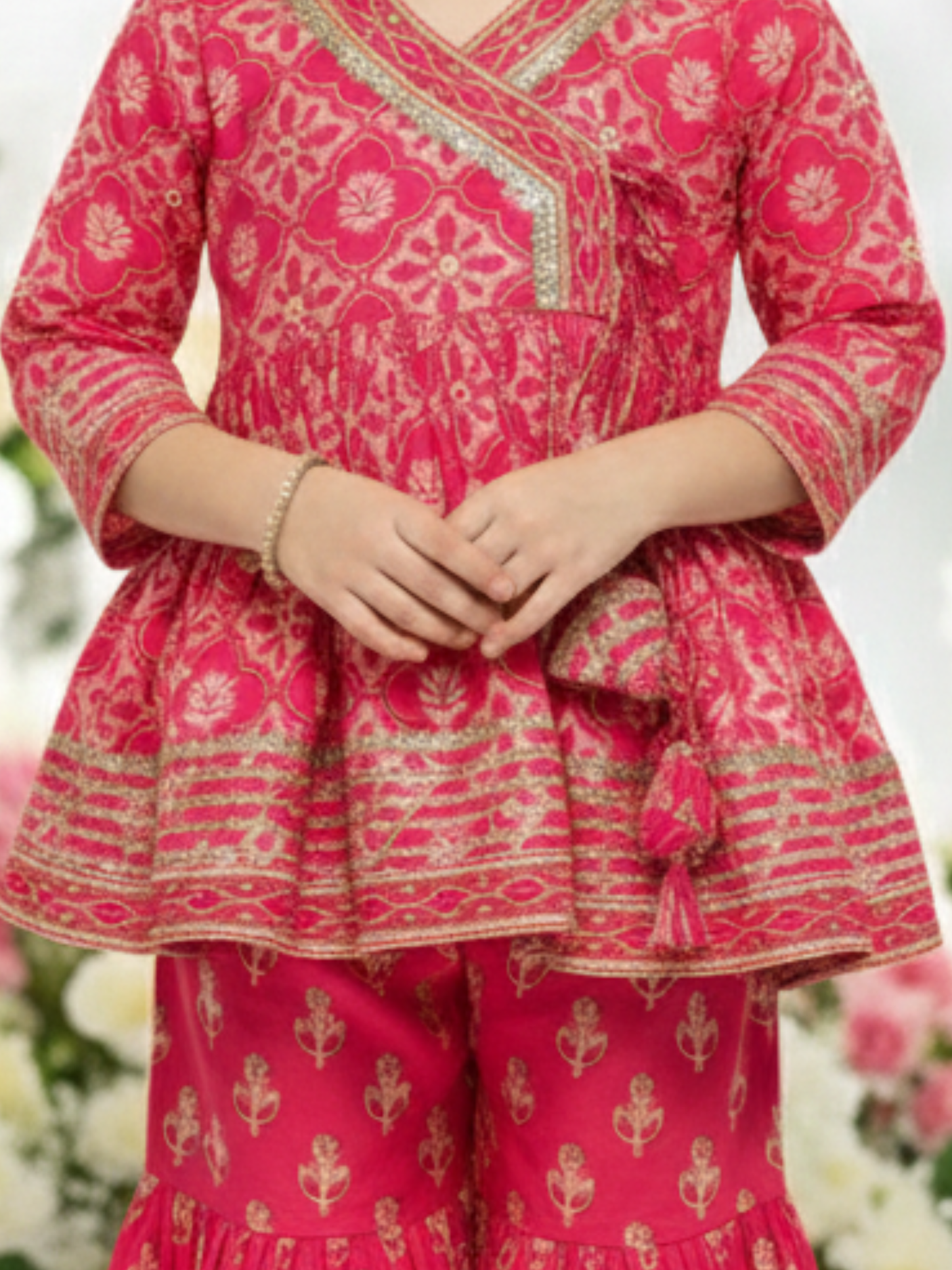 Girls' Fuchsia Pink Block Print Kurti, Sharara, and Dupatta Set with Heavy Embroidery