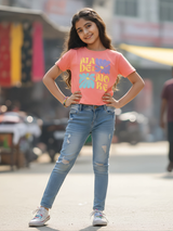 Girls Peach Graphic Print Cotton Top