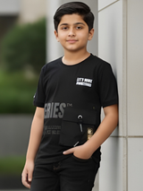 Boys' Black Techwear T-Shirt with Utility Pocket and Slogan