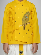 Boys' Yellow Printed Angrakha Kurta and White Dhoti Set
