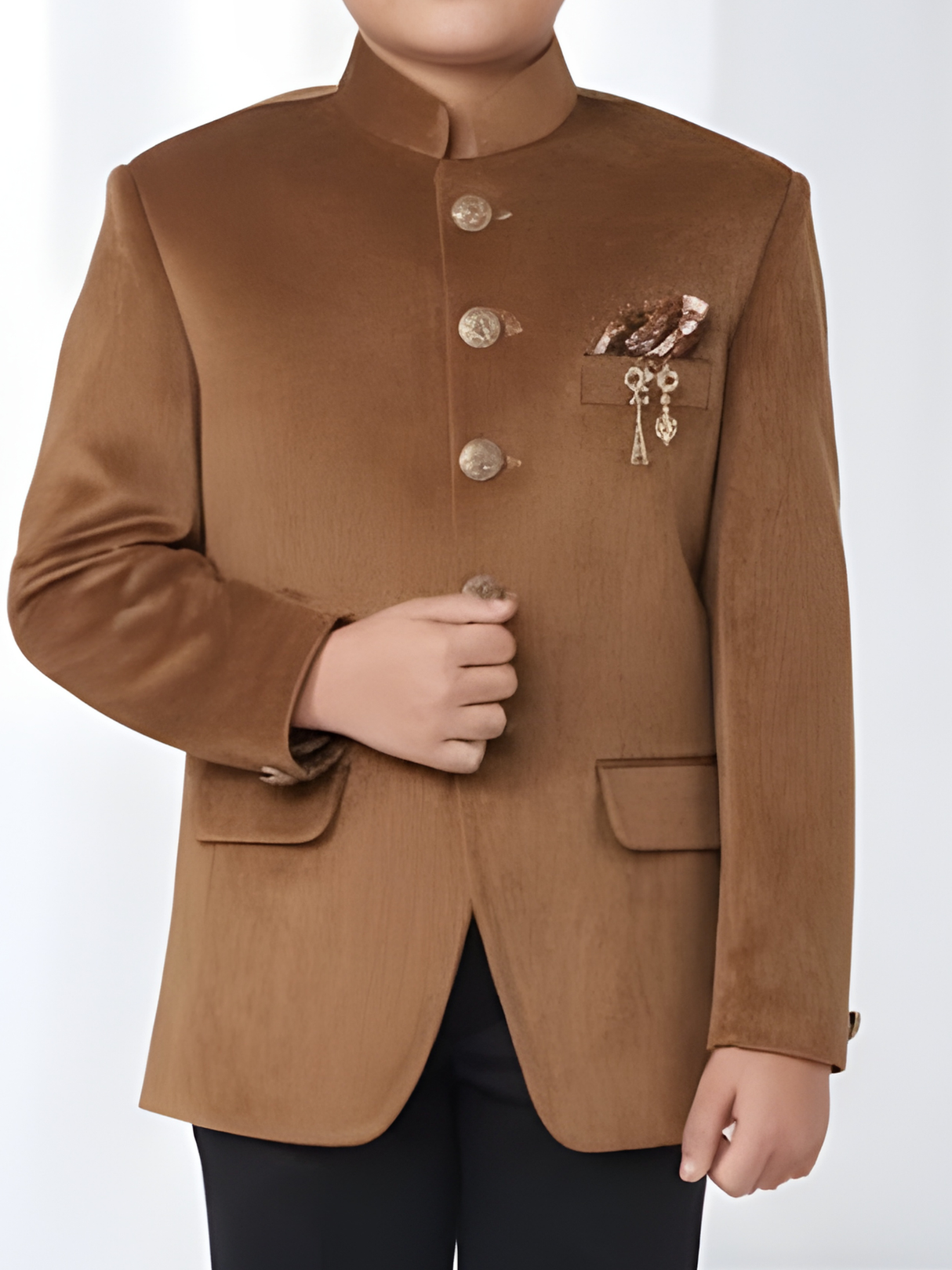 Boys' Camel Brown Velvet Jodhpuri Suit with Black Trousers