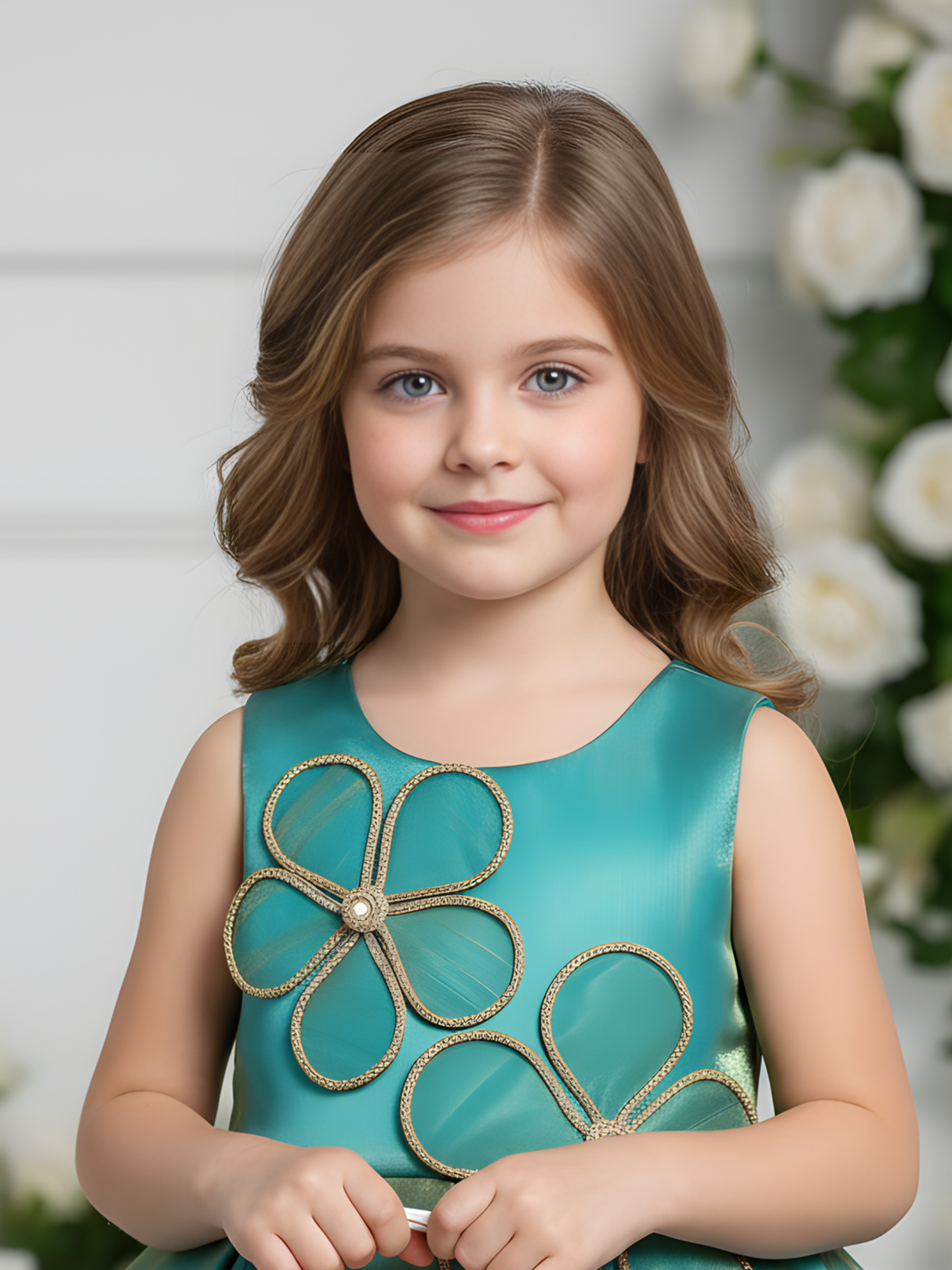 Girls' Lime Green Floral Printed Mini Anarkali Frock with Gold Zari Embroidery.