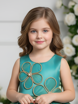 Girls' Lime Green Floral Printed Mini Anarkali Frock with Gold Zari Embroidery.