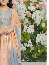 Girls' Peach and Dusty Blue Mirror Work Lehenga Choli Set with Ombre Dupatta