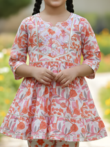 Girls' Peach Floral Printed Peplum Kurti Set