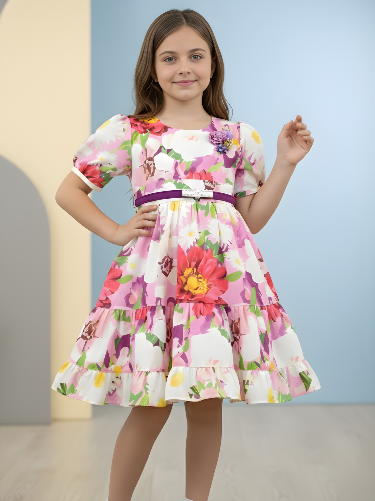 Girls' Multi-Color Tiered Floral Print Frock with Belt