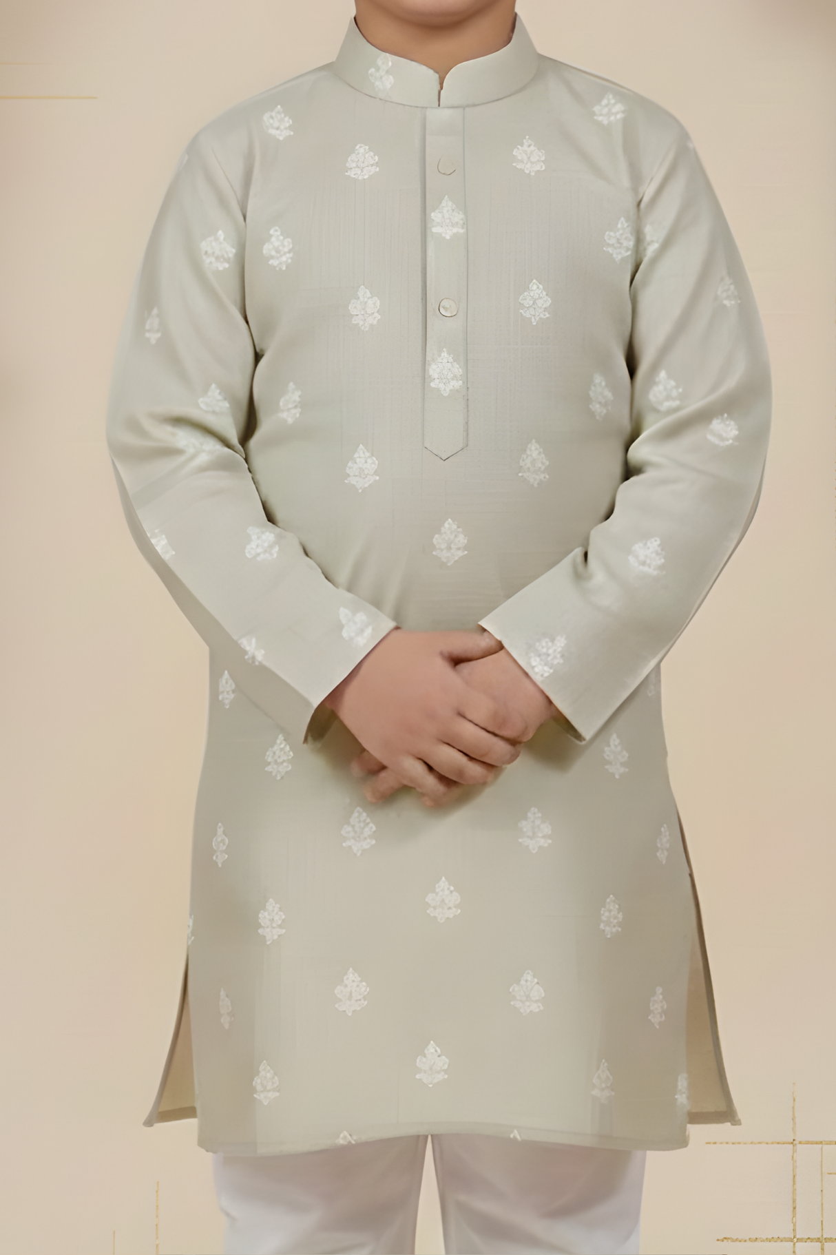 Boys' Mint Green Floral Embroidered Kurta with White Pajama Set