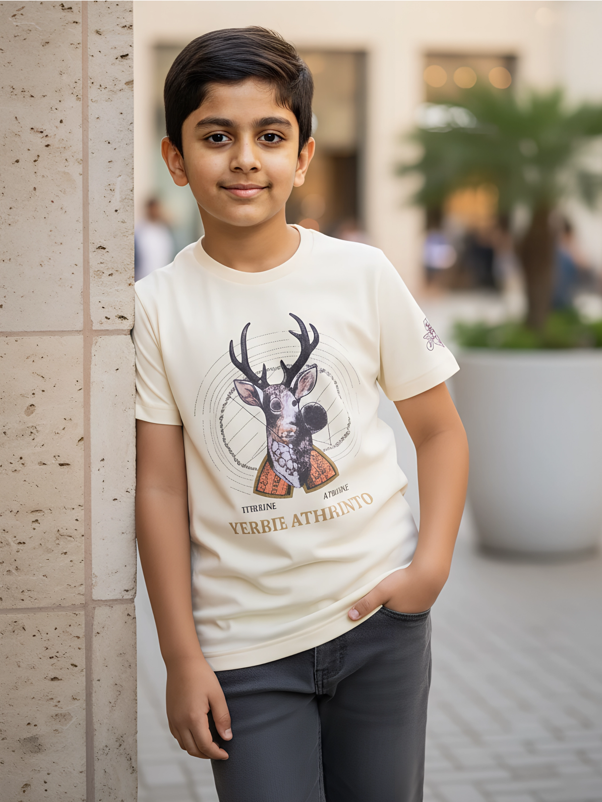 Kids' 'Mountain' Gradient Graphic T-Shirt - Cream Textured Finish.