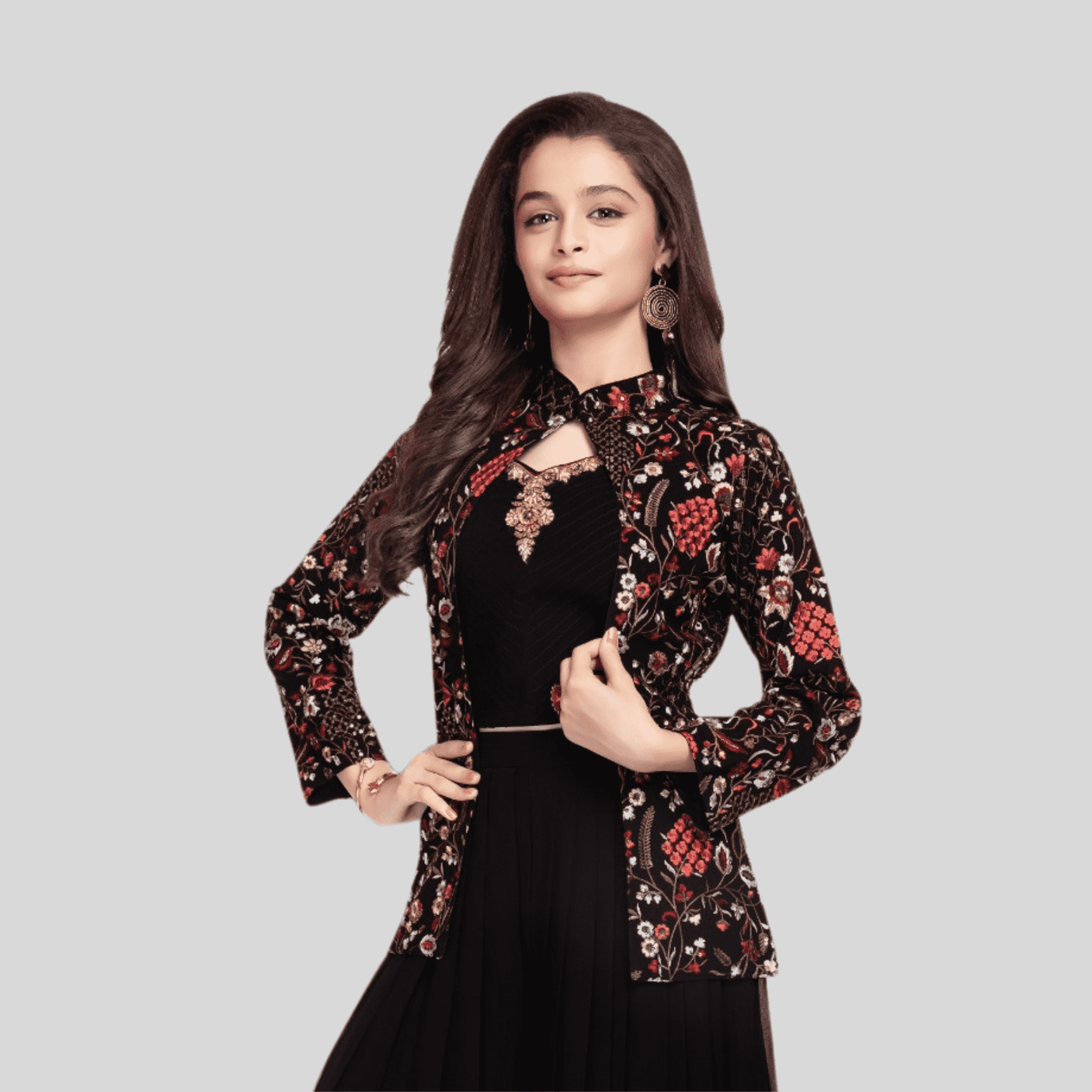 Girls Traditional 3/4th Sleeves Plazo Set - Black