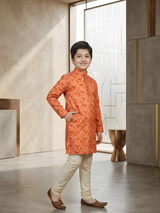 Boys' Orange and Red Zigzag Pattern Full-Sleeve Kurta Set