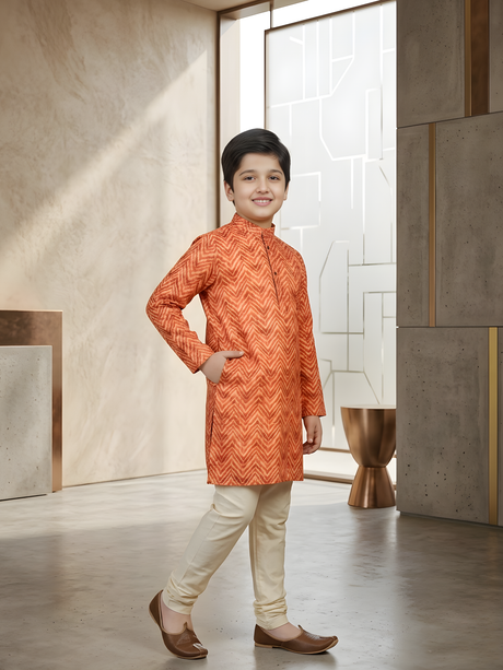Boys' Orange and Red Zigzag Pattern Full-Sleeve Kurta Set