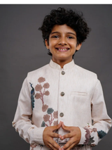 Boys' Cream/Beige Printed Bandhgala Jacket / Sherwani with Peacock Detail