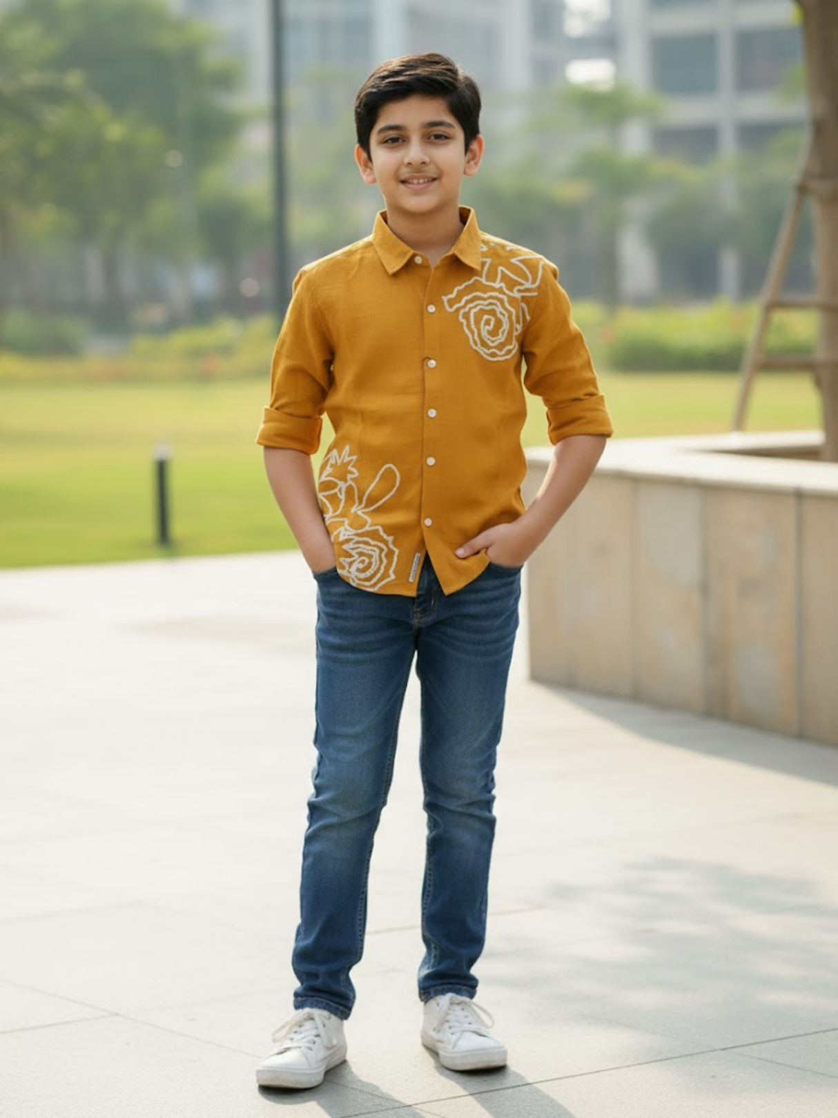 Boys Mustard Brown Minimalist Line-Art Casual Shirt