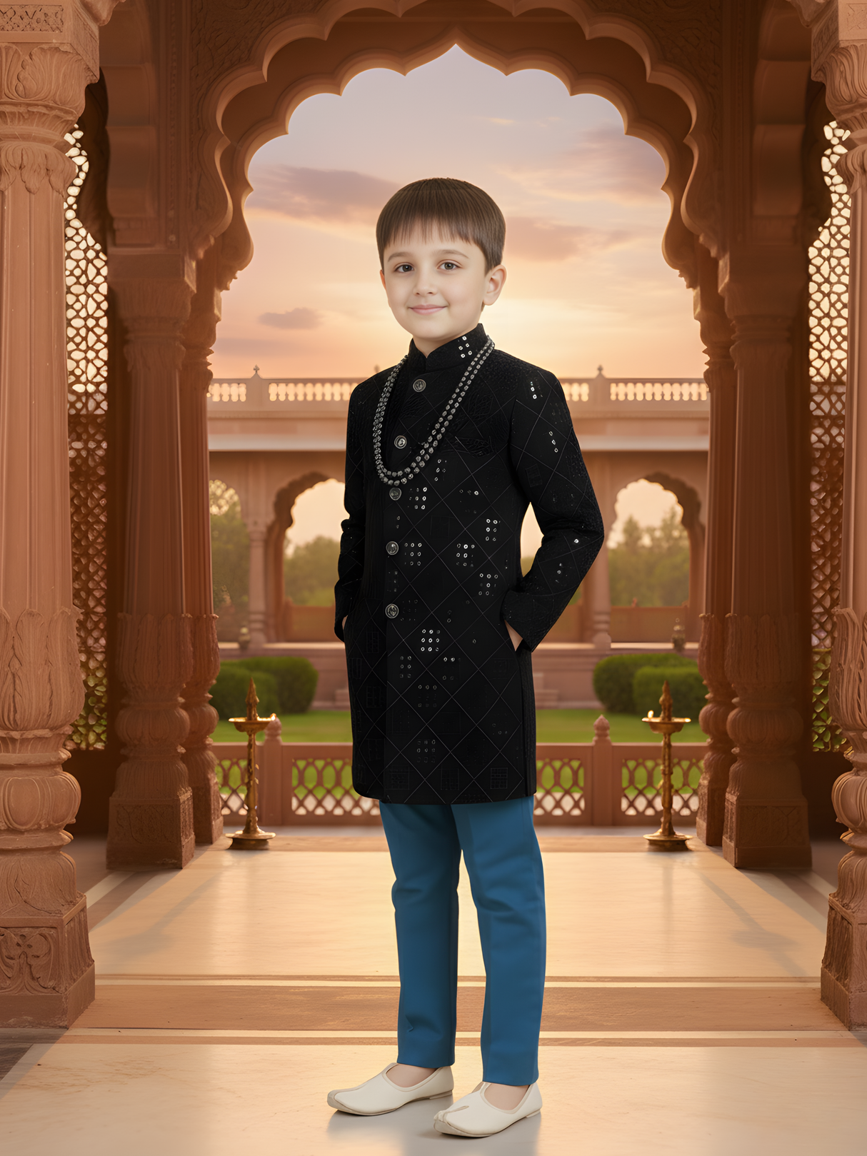 Boys' Green Sequined Sherwani with Teal Trousers Set