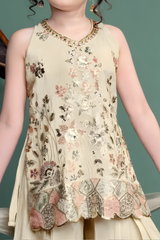 Girls' Elegant Cream Embroidered Peplum Sharara Set