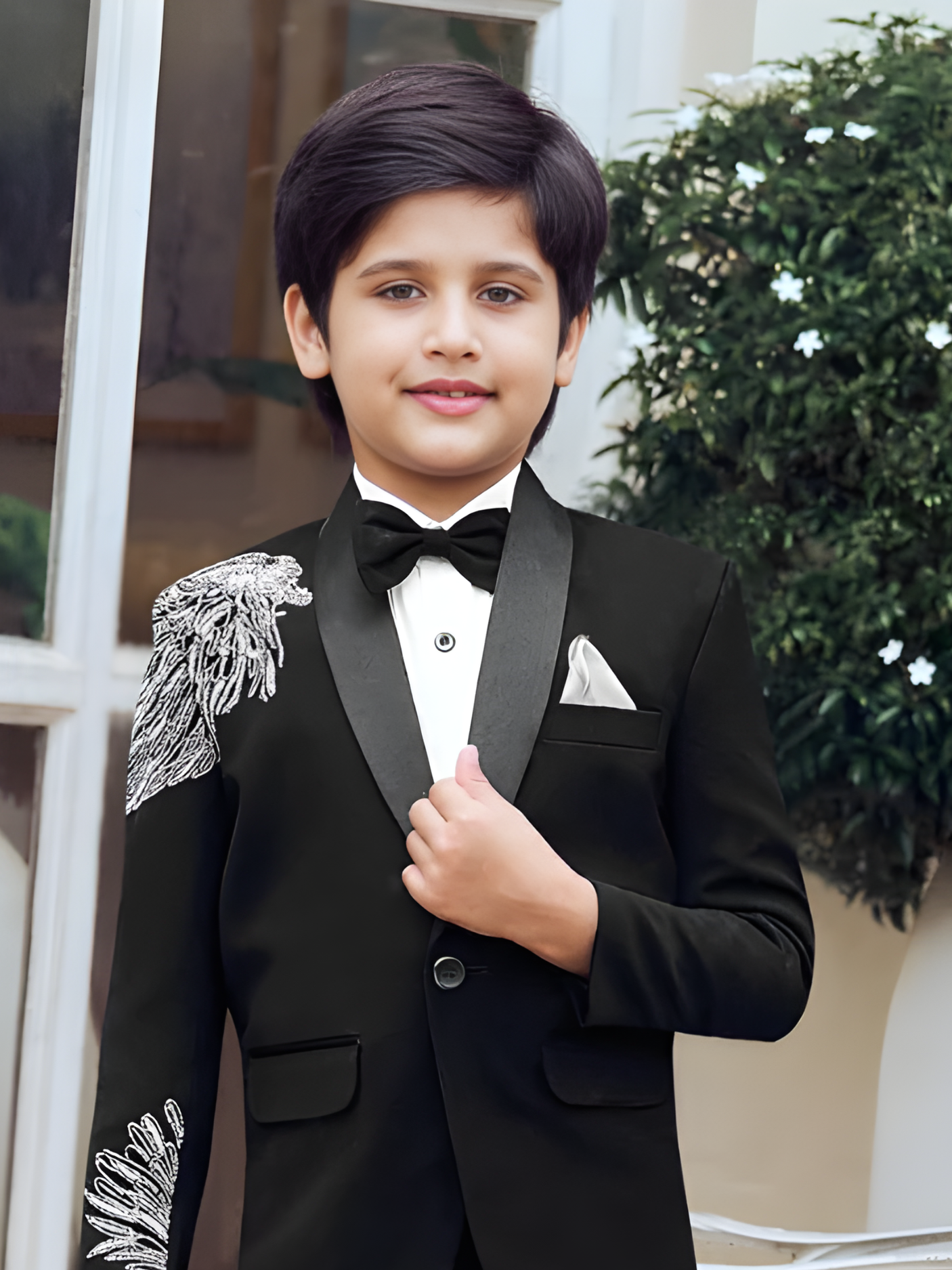 Boys' Black Tuxedo Suit with Silver Feather Shoulder Embroidery