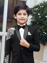 Boys' Black Tuxedo Suit with Silver Feather Shoulder Embroidery