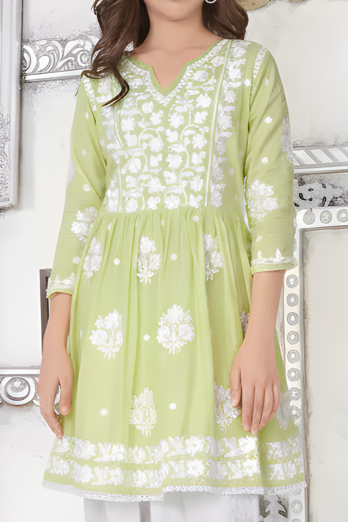 Girls' Festive Lime Green Lucknowi Style Embroidered Kurti & Dhoti Set