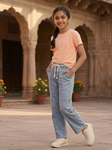 Girls Light Blue Wide-Leg Cargo Jeans with Drawstring Waist