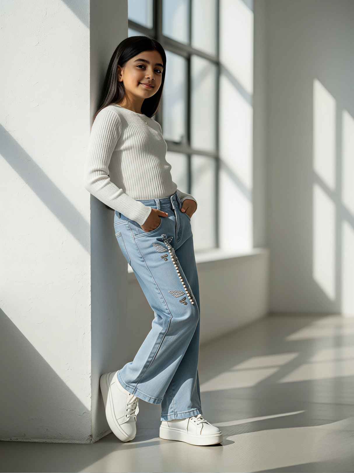 Girls' Light Blue Pearl Butterfly Wide-Leg Jeans.
