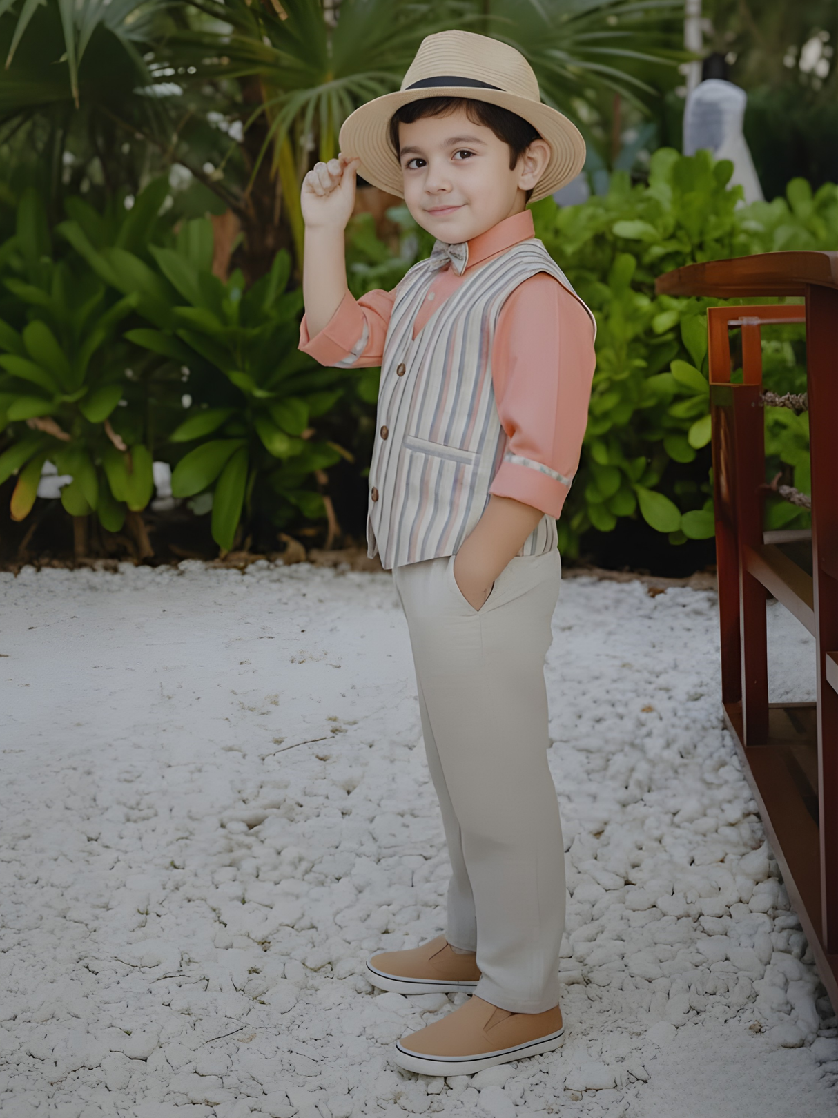 Boys' Pink Vertical Stripe Waistcoat & Trouser Set