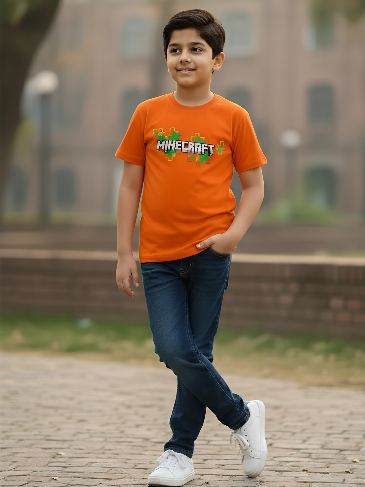 Minecraft Pixelated Logo Kids' Orange T-Shirt.