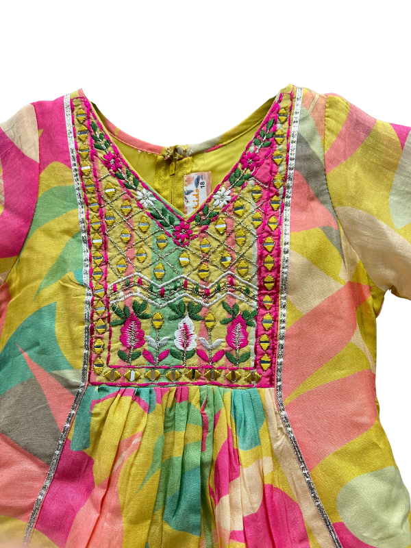 Girls Colorful Embroidered Kurti with Striped Palazzo - Yellow  Ethnic Set