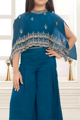 Majestic Teal Blue Crop Top & Palazzo Set with Embroidered Cape