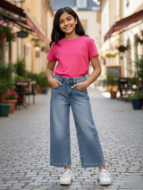 Girls High-Rise Wide-Leg Light Wash Denim Jeans.