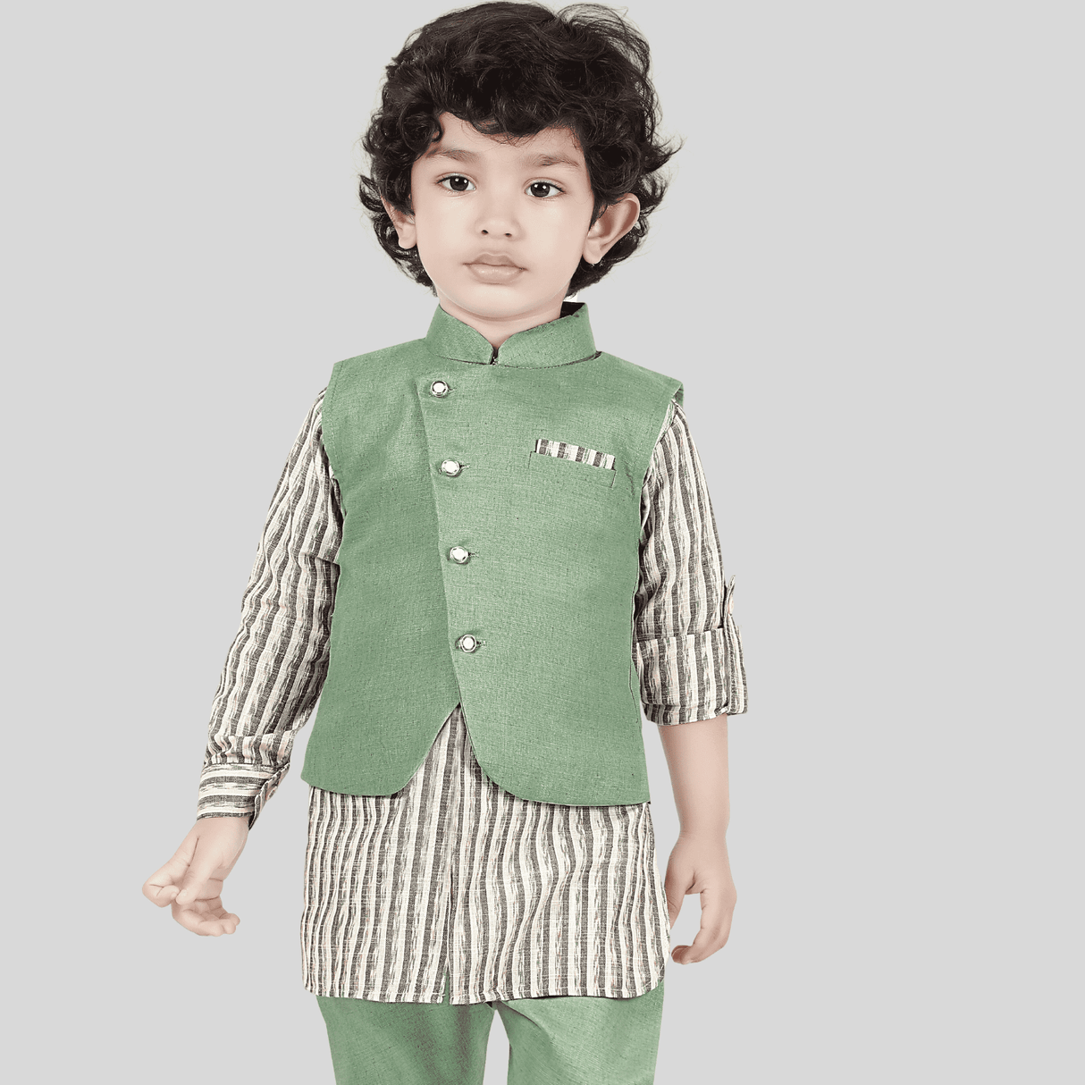 Boys Traditional Neuron Plain Chudidar Kurta with Koti - Green