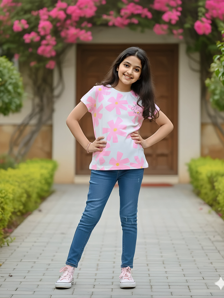 Girls' Pink Floral "Girl Power" Graphic Tops