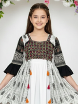 Girls' Black & White Printed Long Jacket, Crop Top and Palazzo Set - Indo-Western