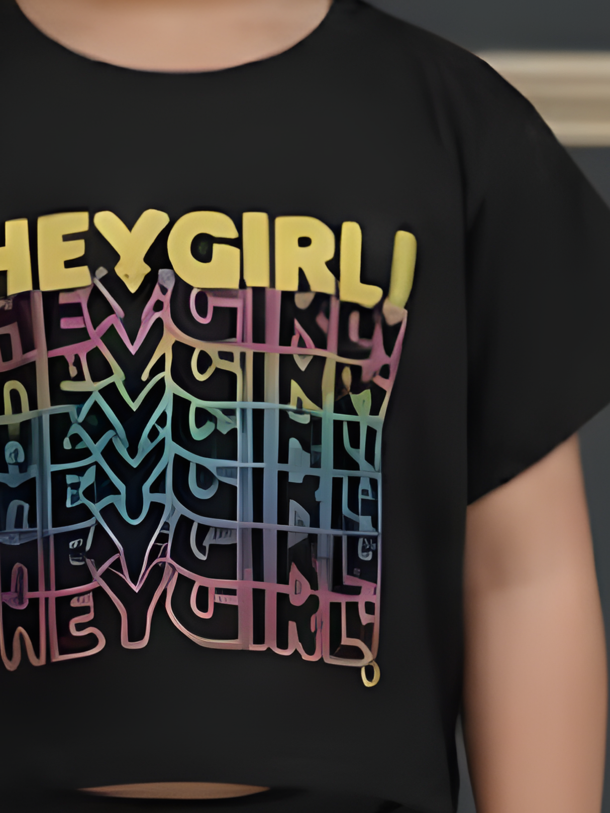 Girls Black "Hey Girl" Rainbow Graphic Crop Tee