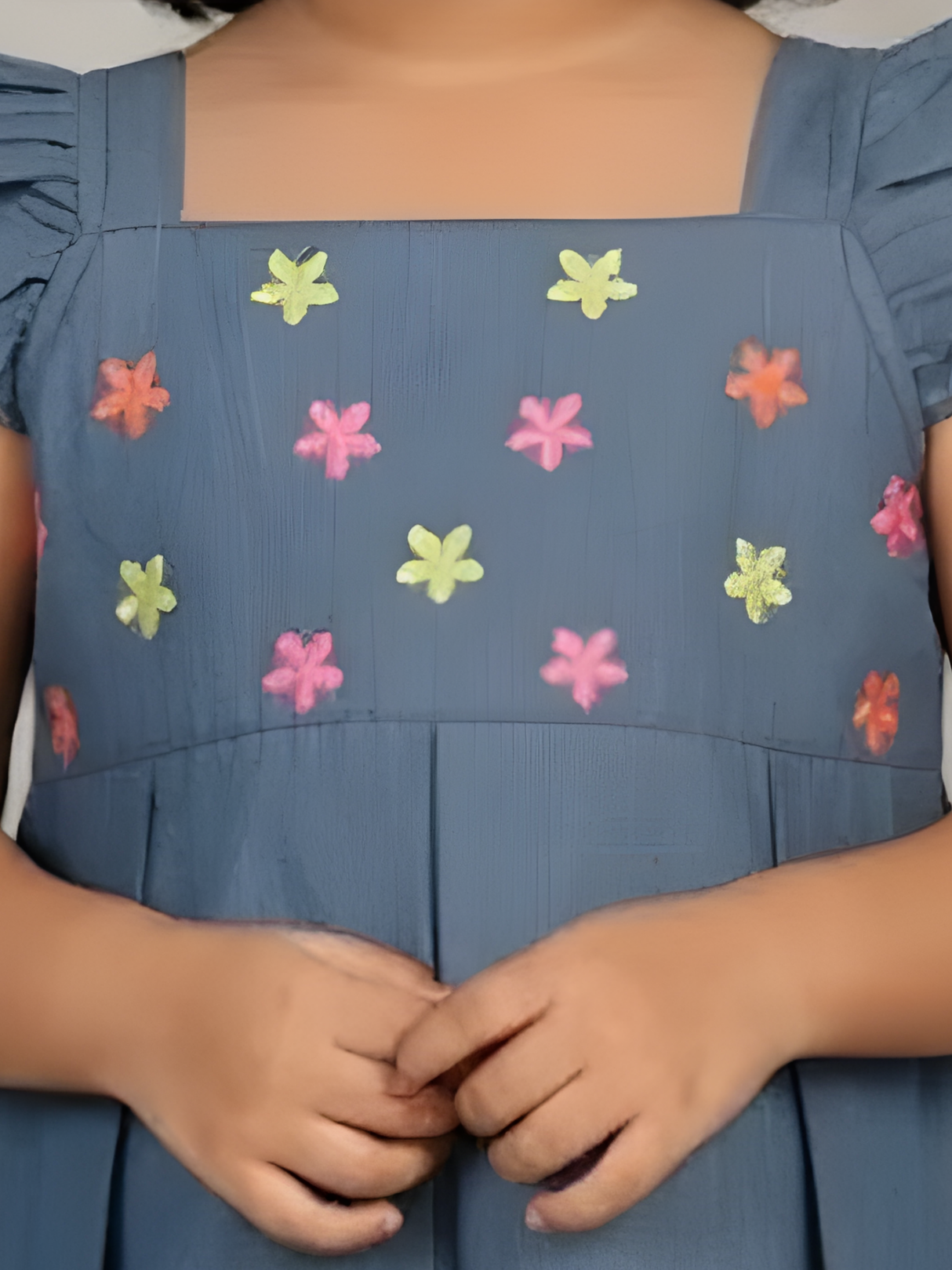 Girls' Stylish Blue Denim-Style Cotton Frock with Multi-Color Floral Embroidery