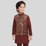 Boys Traditional Printed Chudidar Kurta with Koti - Maroon