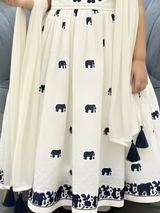 Girls' Cream Sleeveless Embroidered Gown with Navy Elephant Motifs