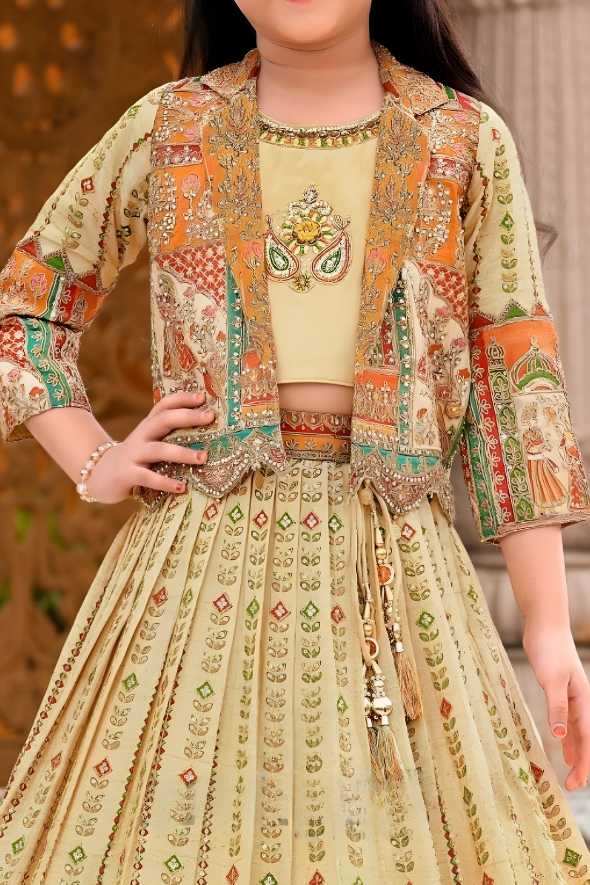 Girls' Elegant Cream &amp; Orange Printed Lehenga Choli with Shrug Jacket