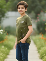 Boys' Olive Green Techwear T-Shirt with Utility Pocket and Slogan