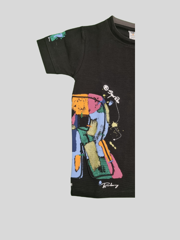 Black Graphic T-Shirt – Colorful Abstract Art & 'Rapid Force' Print - Black