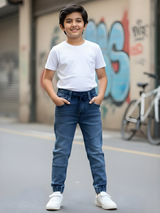 Boys' Slim-Fit Mid-Blue Denim Joggers with Elasticated Drawstring Waist