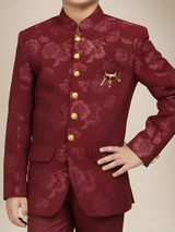 Boys' Maroon Velvet Sherwani with Gold Embroidered Motif