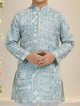 The Modern Mosaic Printed Kurta & Pajama Set (Aqua & White).