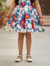 Girls' Royal Blue Multi-Floral Tiered Frock with Daisy Print