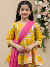 Girls Yellow Floral Printed Sharara Set with Embroidered Kurti & Dupatta